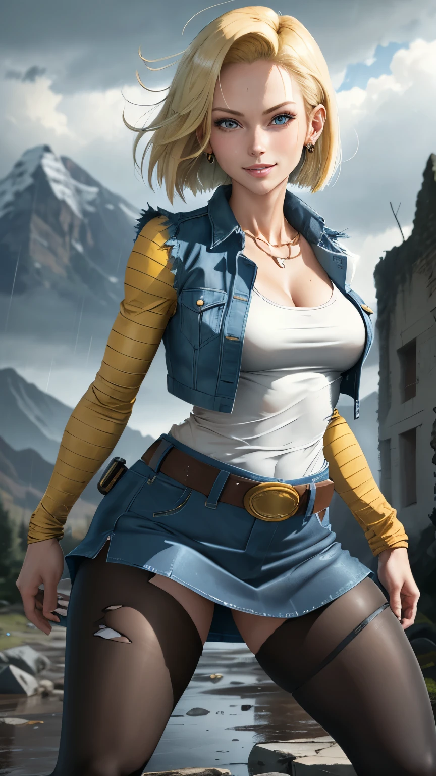 best quality, highres, and18, 1girl, android 18, solo girl, 1girl, blonde hair, blue eyes, belt, boots, tight blue demin skirt, gold_necklace, black shirt, short hair, long striped sleeves, earrings, open vest, denim vest, medium breasts, cowboy shot, mountains, straight-on, (weather: raining and windy), wet body, sexy smile, combat stance, full length pantyhose, battle ruins, wide hips, thick legs, torn clothes, closed fists, upskirt, 4k, best quality, highly detailed background, extremely high-quality graphics, ultra detailed