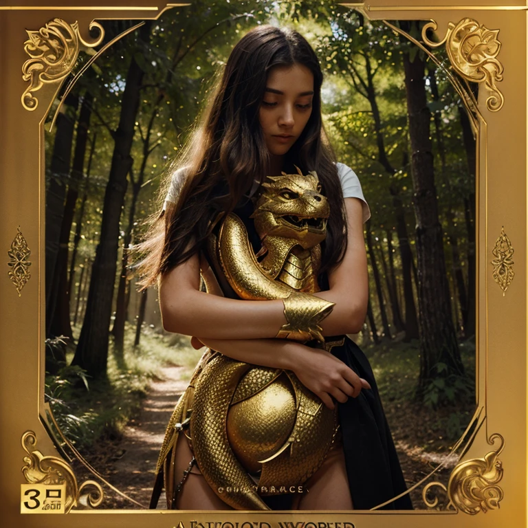 Book cover. "An unexplored world" A girl stands in front of the forest and hugs a golden dragon