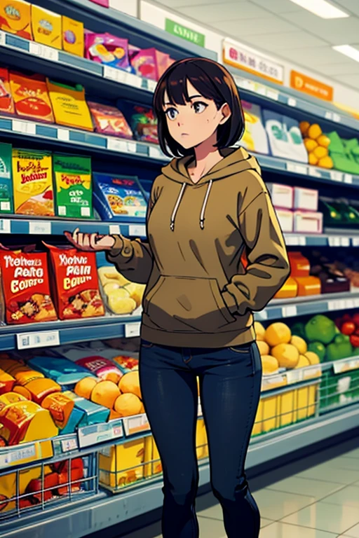 masterpiece, regular woman in jeans and worn out hoodie, in supermarket