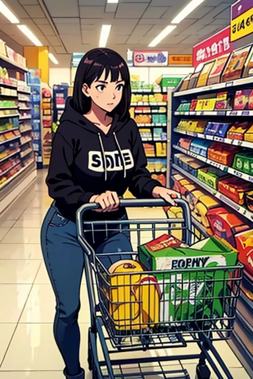 (best quality,ultra-detailed,realistic,masterpiece:1.2),regular woman in jeans and worn out hoodie,supermarket, fluorescent lighting,shopping cart,crowded aisle,variety of groceries,shopping bags,checkout counter,price tags,digital payment,shopping list,shopping experience,convenience,modern lifestyle,quick purchase,everyday scene,urban life,commerce,consumerism,vibrant colors,commercial area,shelves stacked with products,cashier,barcodes,product labels,reflections on the floor,neon signs,product promotions,retail therapy,convenience foods,scan and go technology,efficient checkout process,fast-paced,transaction,journey of purchasing goods