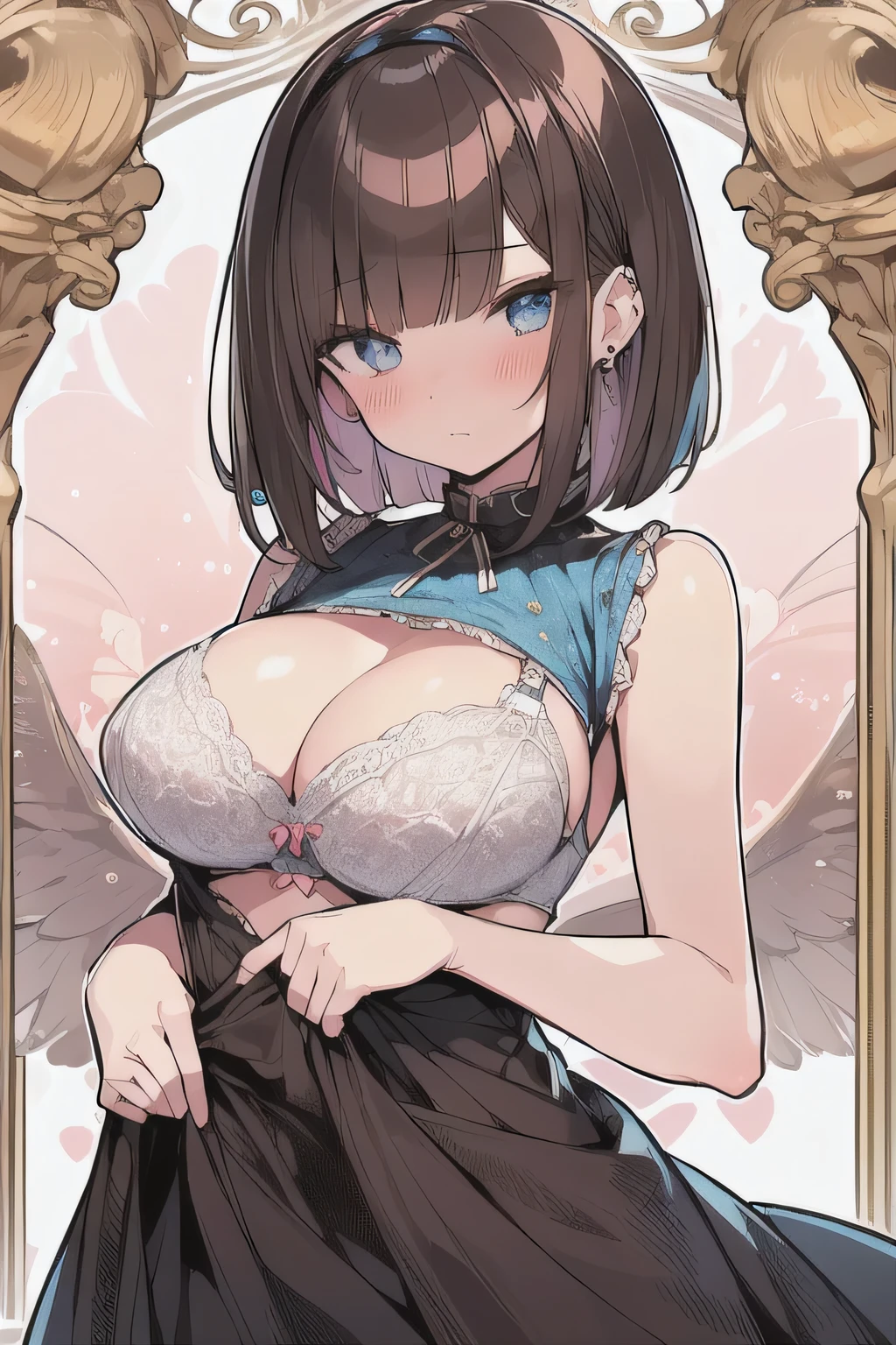 (best quality), (Super detailed), (Best Illustration), (woman), look at viewer, {(dress), (dress lift:1.2), (show off bra:1.3)}, (large breasts), {(detailed eyes), (heart-shaped pupils), blue eyes}, {brown hair, (sideburns), (bob cut:1.3), curly hair, hairs between eyes, colored inner hair}, blush, earring, hair band,
