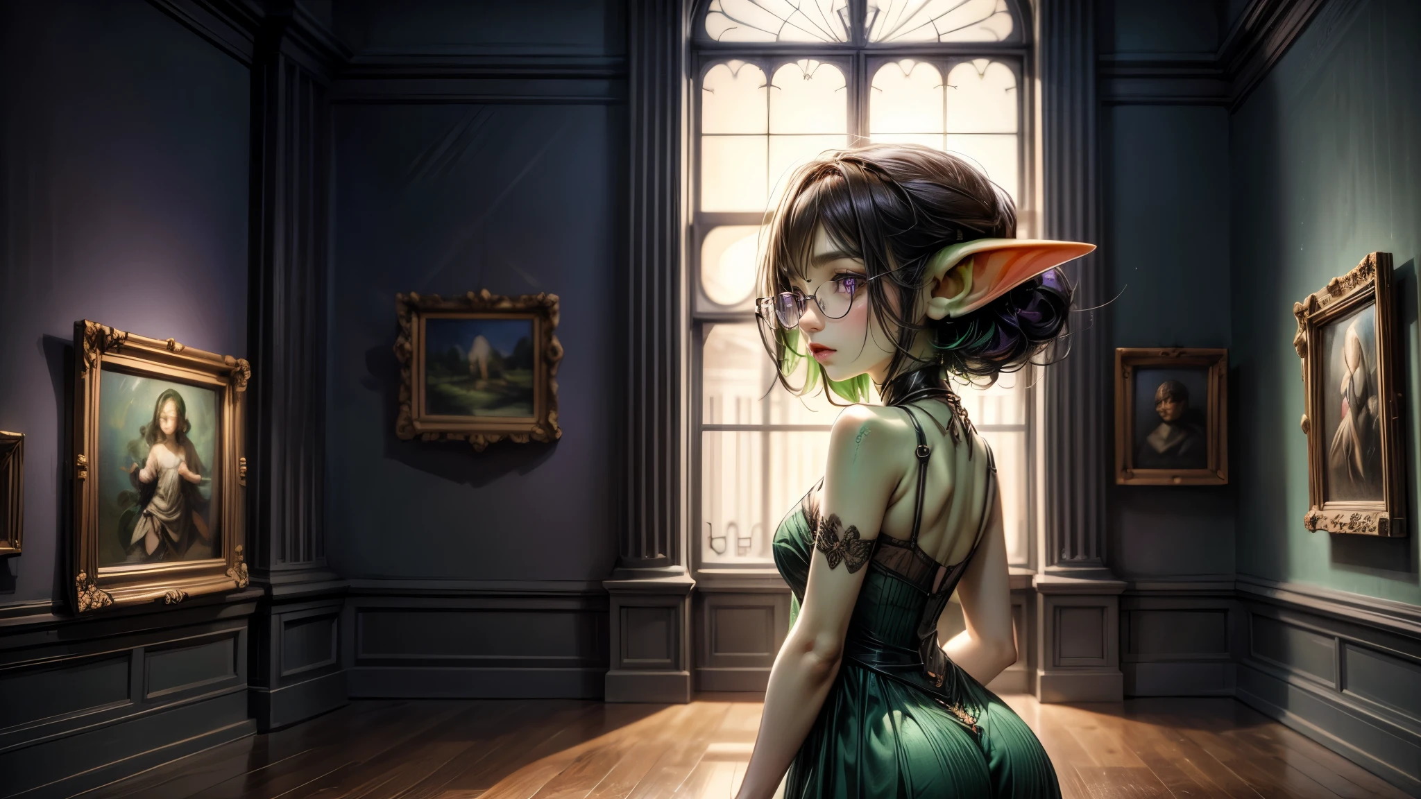 Masterpiece, absurdrez, amazing detail, 4k, perfect face, small ears, 3 foot tall green goblin girl, wearing modest purple cotton dress, very shy, black glasses, (green skin), short dark hair, purple eyes, exploring a fine art museum, curious and fascinated, looking away from camera, dynamic pose, cinematic lighting, fine art lines the walls, in art museum, leaning over to admire sculpture