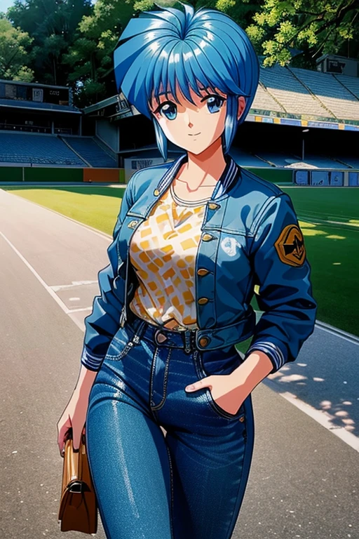 ((highest quality)),(超A high resolution),(Ultra-detailed),(Detailed depiction),((The best CG)),(A masterpiece),super precision art,The art of astonishing depiction, Fine and beautiful eyes、(Beautiful breasts:1.1) 、(((Stadium Jacket、BREAK denim pants)))、Teenage Girl、1 girl、beautiful girl、
Blue Hair、short hair、blue eyes、blue eyes、blue eyes、smile、smile、
Walking in the park