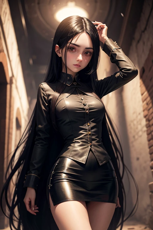 Fantasy underground scenario, an Italian girl with very long black hair, thin, girl, the girl wears a blouse and a miniskirt with lapels