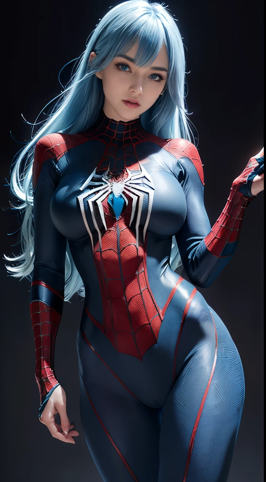 8K, Top Quality, Intricate Details, Ultra Detail, Ultra High Resolution, Masterpiece, random angle,  Slender, Smile, (Makeup: 0.4), (Fluffy Blue Eyes: 1.21), blue Eyes, looking at viewer, ((full body)), 1girl, solo, 1 girl, (( full body)), close up shot, feminine and ???? posture, ((tall)), (((fit body))), (((slim face))), sharp face, sharp eyes, (((sky blue hair, long hair, side bangs))  (detailed face), sharp face, small lips half open lips, pureerosfaceace_v1,
 ((full black spiderman suit, )),  detailed face, detailed ??????, detail ???, round ???, Beautiful girl with accentuated slender abs: 1.4, Six Pack Abs: 1.4, Bust Botox, Big, Perfect Body, detail leg,  (Dark Night Background: 1.2)