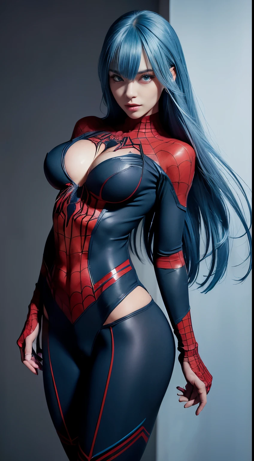 8K, Top Quality, Intricate Details, Ultra Detail, Ultra High Resolution, Masterpiece, random angle,  Slender, Smile, (Makeup: 0.4), (Fluffy Blue Eyes: 1.21), blue Eyes, looking at viewer, ((full body)), 1girl, solo, 1 girl, (( full body)), close up shot, feminine and sexy posture, ((tall)), (((fit body))), (((slim face))), sharp face, sharp eyes, (((sky blue hair, long hair, side bangs))  (detailed face), sharp face, small lips half open lips, pureerosfaceace_v1,
 ((full black spiderman suit, )),  detailed face, detailed breast, detail ass, round ass, Beautiful girl with accentuated slender abs: 1.4, Six Pack Abs: 1.4, Bust Botox, Big, Perfect Body, detail leg,  (Dark Night Background: 1.2)