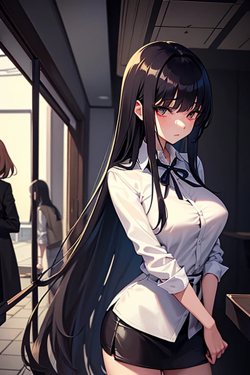 Underground fantasy scenario, an Italian girl with very long black hair, thin, girl, the girl is wearing a blouse and a miniskirt with lapels, the girl is a prisoner
