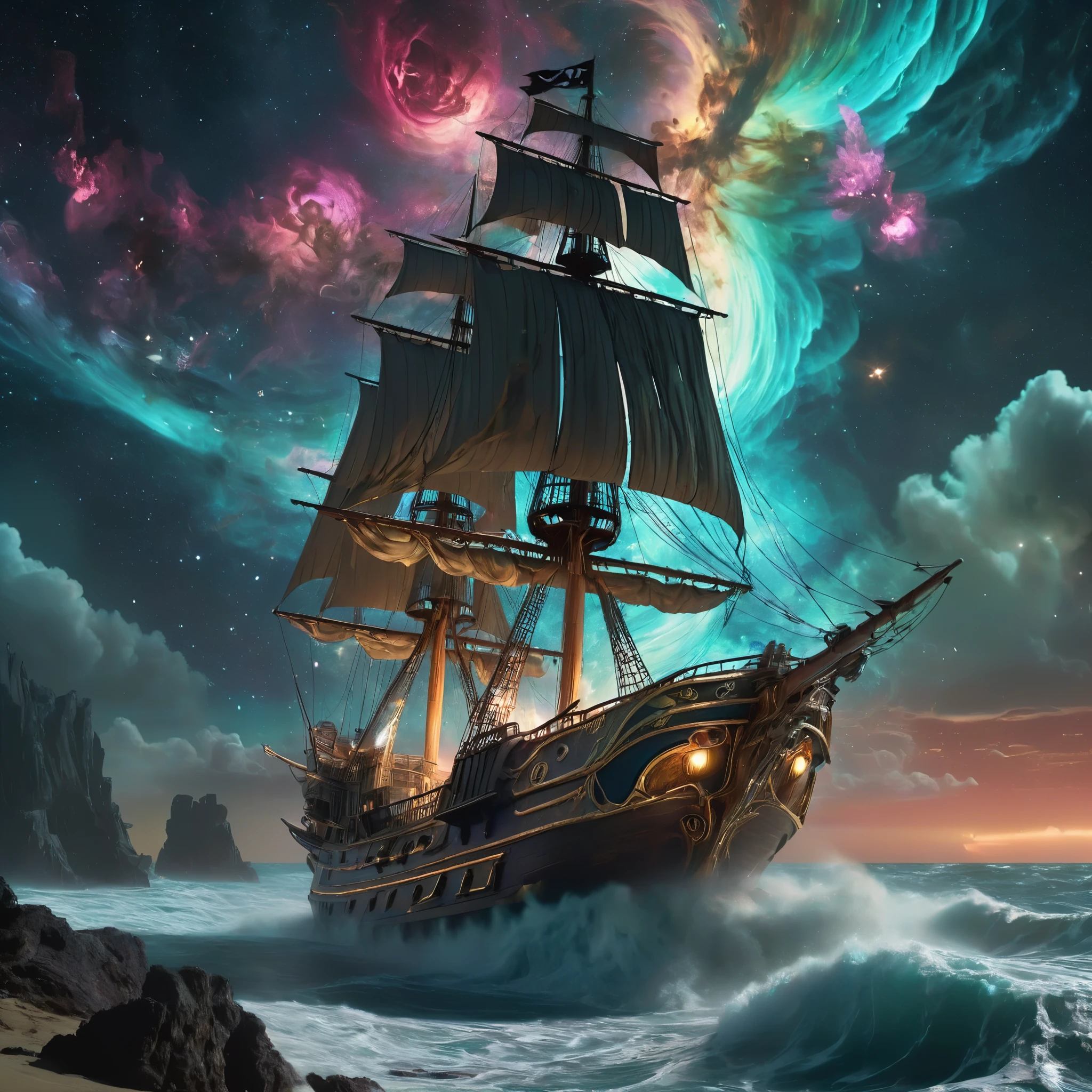 HDR, 8k, cores vibrantes, "SenseiJaye's illustration art brings to life a pirate ship trapped in a cosmic maelstrom nebula. The art nouveau style adds a touch of elegance to the ship, while the cosmic beach whirlpool engine adds a sense of movement. Volumetric lighting and ambient lights create a mesmerizing display, with the light pollution of the nebula adding to the cinematic atmosphere. This is a truly diverse and creative rendering of a cosmic adventure."