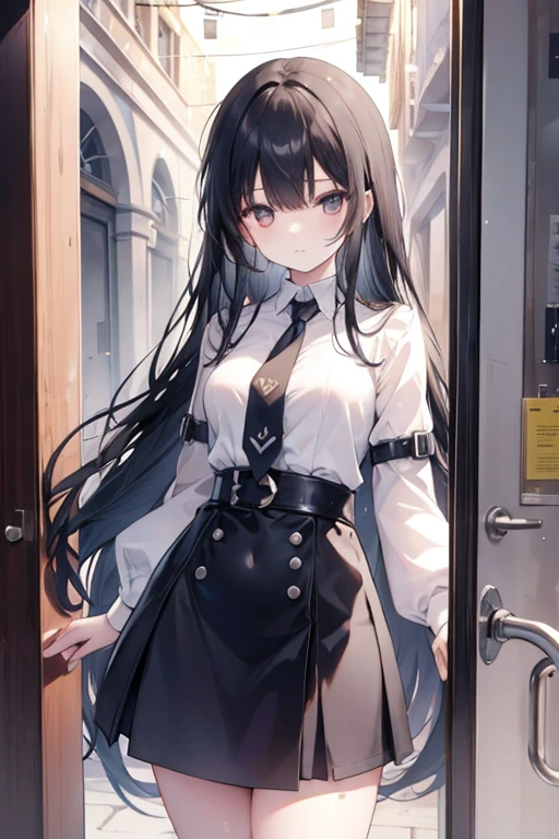 Underground fantasy scenario, an Italian girl with very long black hair, thin, girl, the girl is wearing a blouse and a miniskirt with lapels, the girl is a prisoner