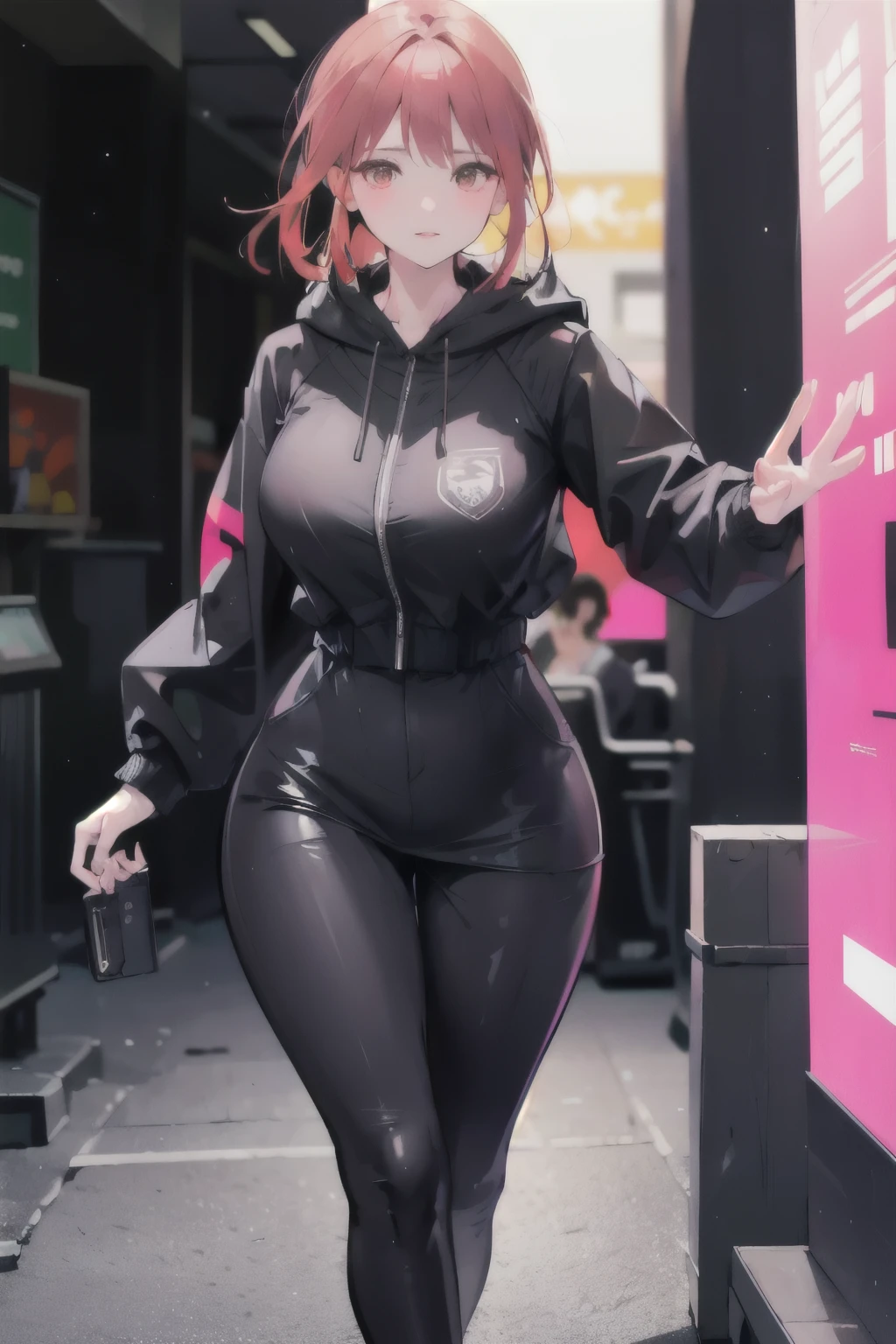 a scared and embarrassed redheaded woman, hair in a ponytail, her bright eyes super detailed, full lips painted red, chiseled physique and wide hips. She wears a closed black leather jumpsuit, whose shiny surface accentuates her shape. A windbreaker with a hood and a neon pink interior covers your shoulders and a pleased skirt. Walking down a busy street, she attracts glances from onlookers. This image exudes realism, capturing the essence of a fragile and embarrassed figure. Digital art, high definition and photorealistic technique
