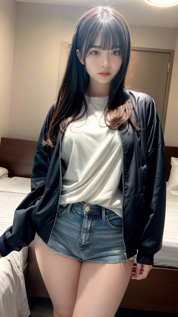 muste piece, best quality, illustration, Super detailed, fine details, High resolution, 8K,wall paper, perfect dynamic composition,(Details High quality, realistic depiction of eyes:1.3), (Fashionable, Baseball Jacket, Oversized T-shirt, a denim miniskirt), ponytail, black hair color, Big Natural Color Lip, (perfect body shape), crying a little、cold gaze, Harajuku style、20 year old girl、cute type、ta、beautiful legs, hotel room, Gravure Idol, Voluptuous thighs
