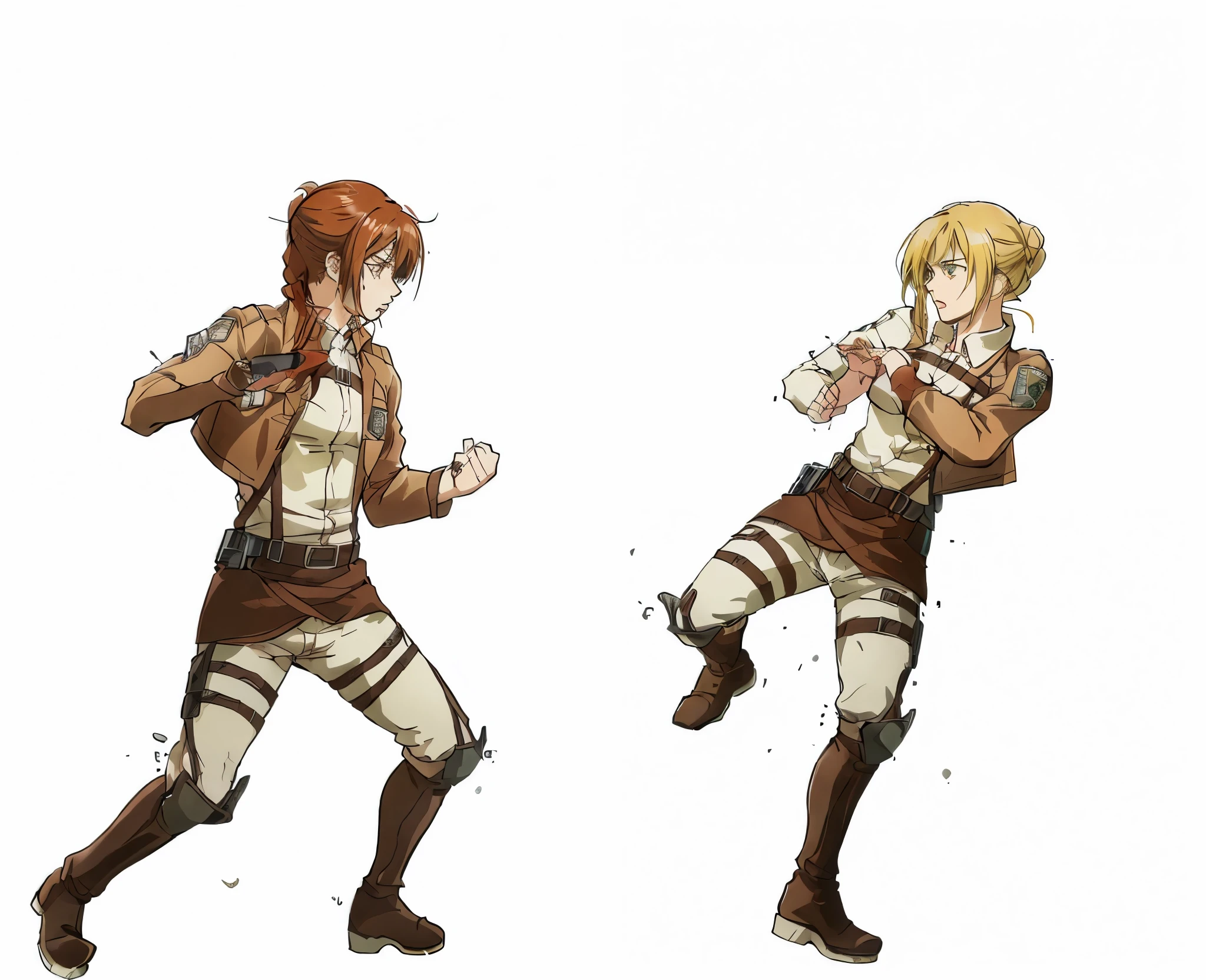 attack on titan, anime style, white background, intense fight scene between Annie Leonhart from Attack on Titan, recognizable with her blonde hair, and an original character with auburn hair styled in a braid.
The original character has a fierce expression and is winding up to throw a punch, while Annie has raised her leg in a defensive stance, likely preparing to counter with a kick.
Their fighting stances, combat-ready outfits resembling the Survey Corps uniforms, and the dynamic composition suggest they are in the midst of an intense physical confrontation or sparring match. The artwork skillfully captures the energy and motion of the characters engaged in close-quarters combat.