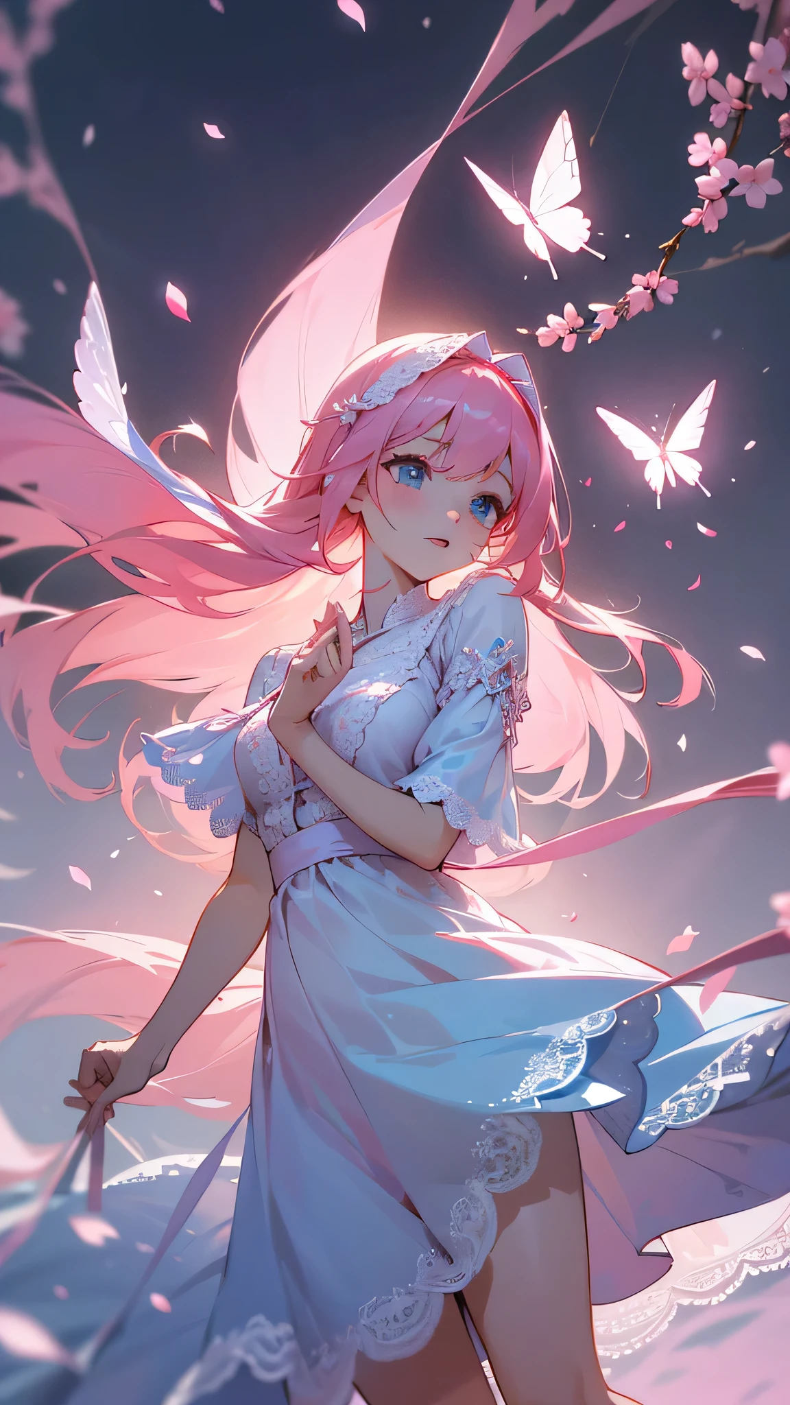 (CG unity 8k wallpaper extremely detailed) (better quality) (better lighting) (an extremely delicate and beautiful) (floating) (beautiful) (spring atmosphere) (1girl) (long pink hair), (hair headband), (detailed and beautiful blue eyes), ((very short white dress, pink lace underside), (lace), ((light transparent silk))), (cherry blossom petals), (butterflies), (dof), (volumetric light) cinematic lighting, chromatic aberration, Sony FE GM, textured skin, high details, highres, 8k