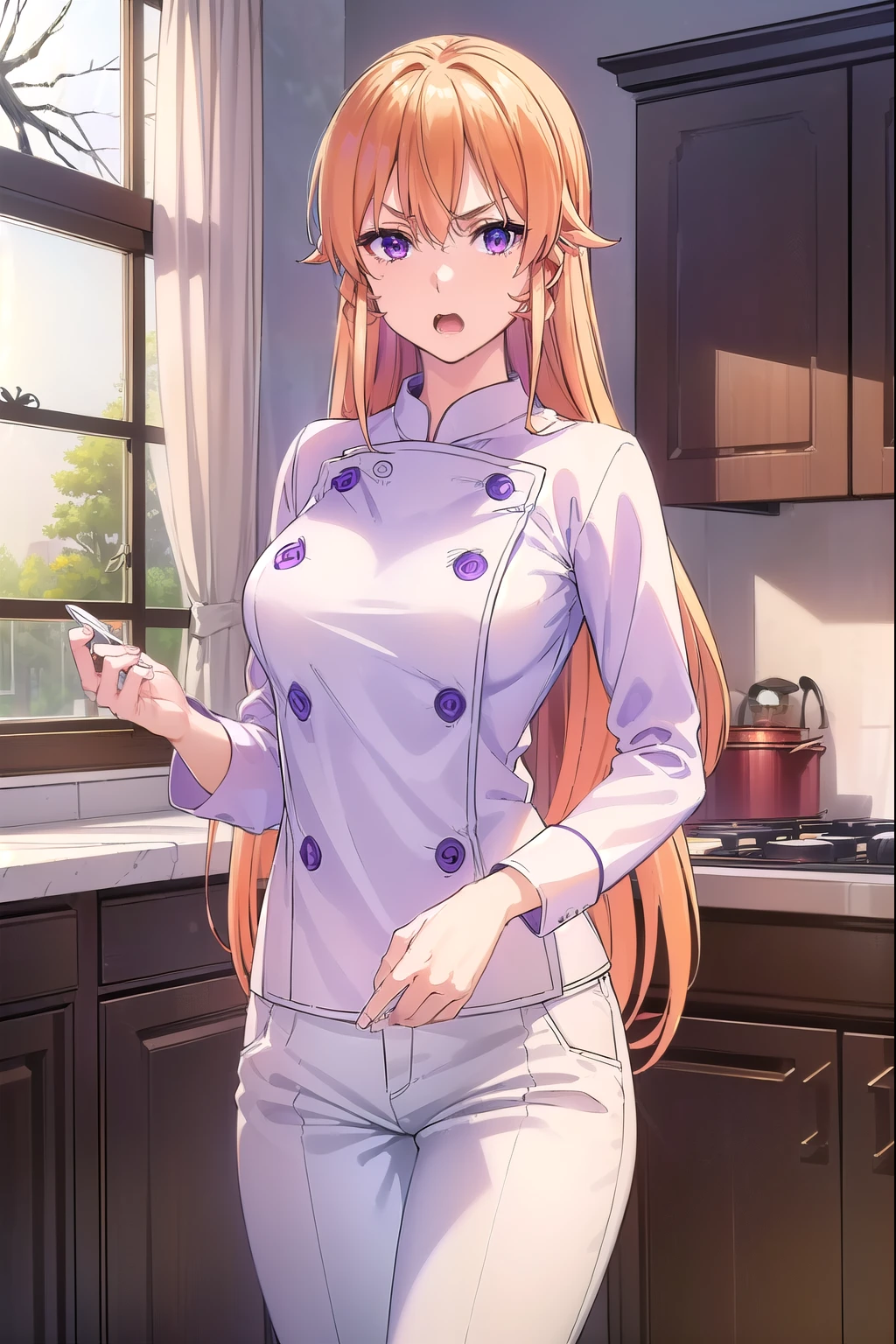 ((masterpiece:1.3, highly detailed:1.3, highres:1.1, best quality, HD, full image)),((erinanakiri, erina nakiri, long hair, orange hair, (purple eyes:1.1), hair between eyes, frown, angry, open mouth, pants, white pants, chef, long sleeves, ((indoors, kitchen, window background, trees)), looking at viewer, (masterpiece:1.2), best quality, high resolution, unity 8k wallpaper, (illustration:0.8), (beautiful detailed eyes:1.6), extremely detailed face, perfect lighting, extremely detailed CG,(perfect hands, perfect anatomy))),((sexy pose, standing))