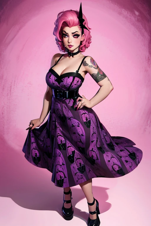 A pink haired woman reaper with violet eyes and an hourglass figure in a lace rockabilly dress is leaning on a coffin