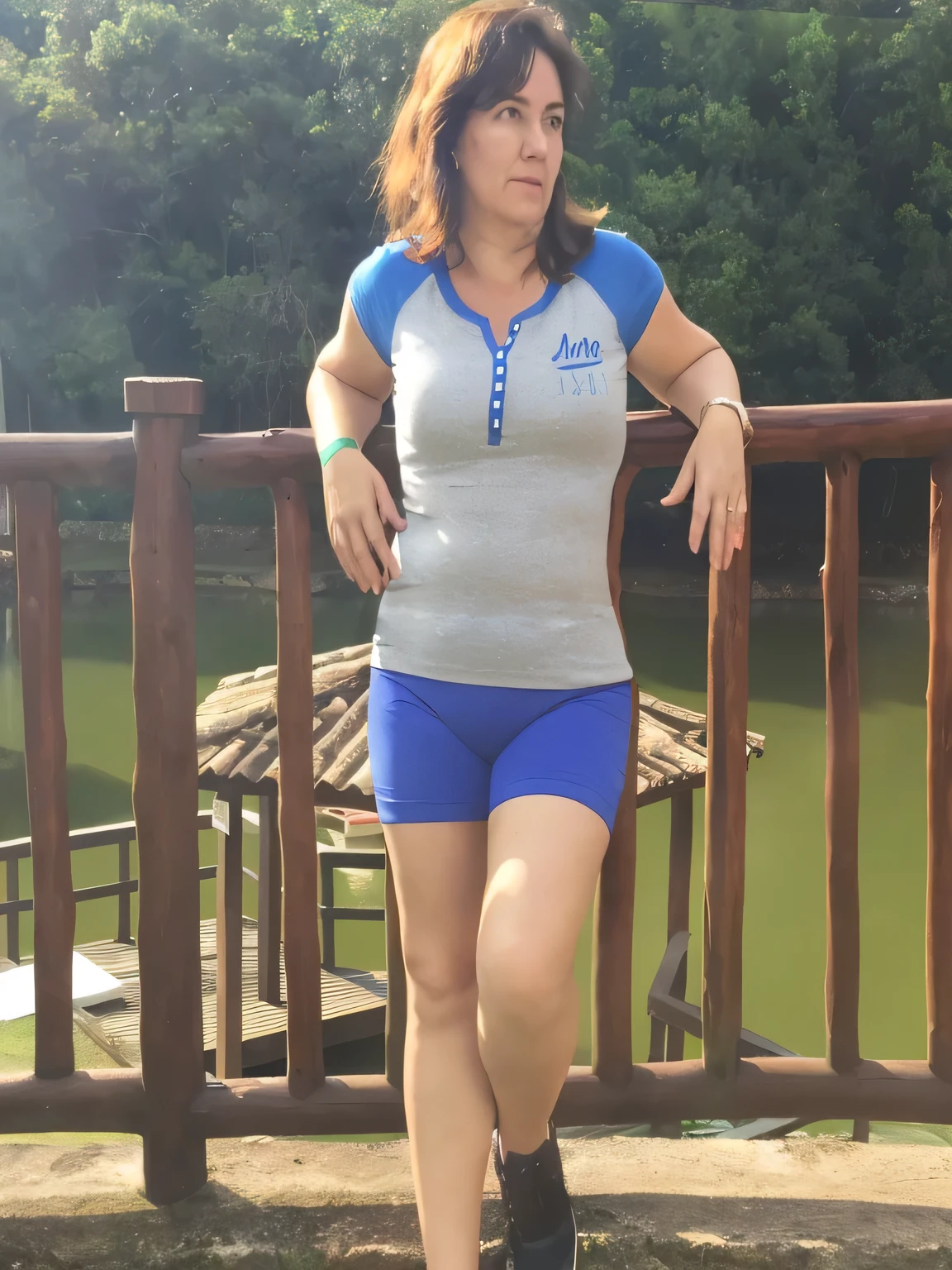 there's a woman standing on a wooden deck, standing on a bridge, cottagecore!! fitness body, with mountains in the background, she is walking in a river, wearing athletic gear, she is around 40 years old, very short and tight blue shorts, gray tank top with blue collars, hiking clothes , striking a cheeky pose, wearing adventure gear, shot in the waist, posing like a model, wearing very short and tight blue shorts, wearing a gray tank top with a blue collar, wearing gym equipment, wearing gym equipment, adventure gym, pose sassy, full body - front shot, woman wearing jetpacko, adult woman, detailed body, beautiful face, full body, full shot, tanned supermodel, beautiful eyes, perfect face, medium breasts, 39 year old woman, wide hips, HDR, hands well lit, photorealistic, detailed, realistic hands, 5 fingers per hand, alone, dark hair, gray blouse with blue collar, black shorts, full body photo, clear, high quality photo. Beautiful woman, extremely sexy, very sensual. Masterpiece: 1.3, high resolution, (photographically realistic), 8k, NUDE, NUDITY, NFSW
