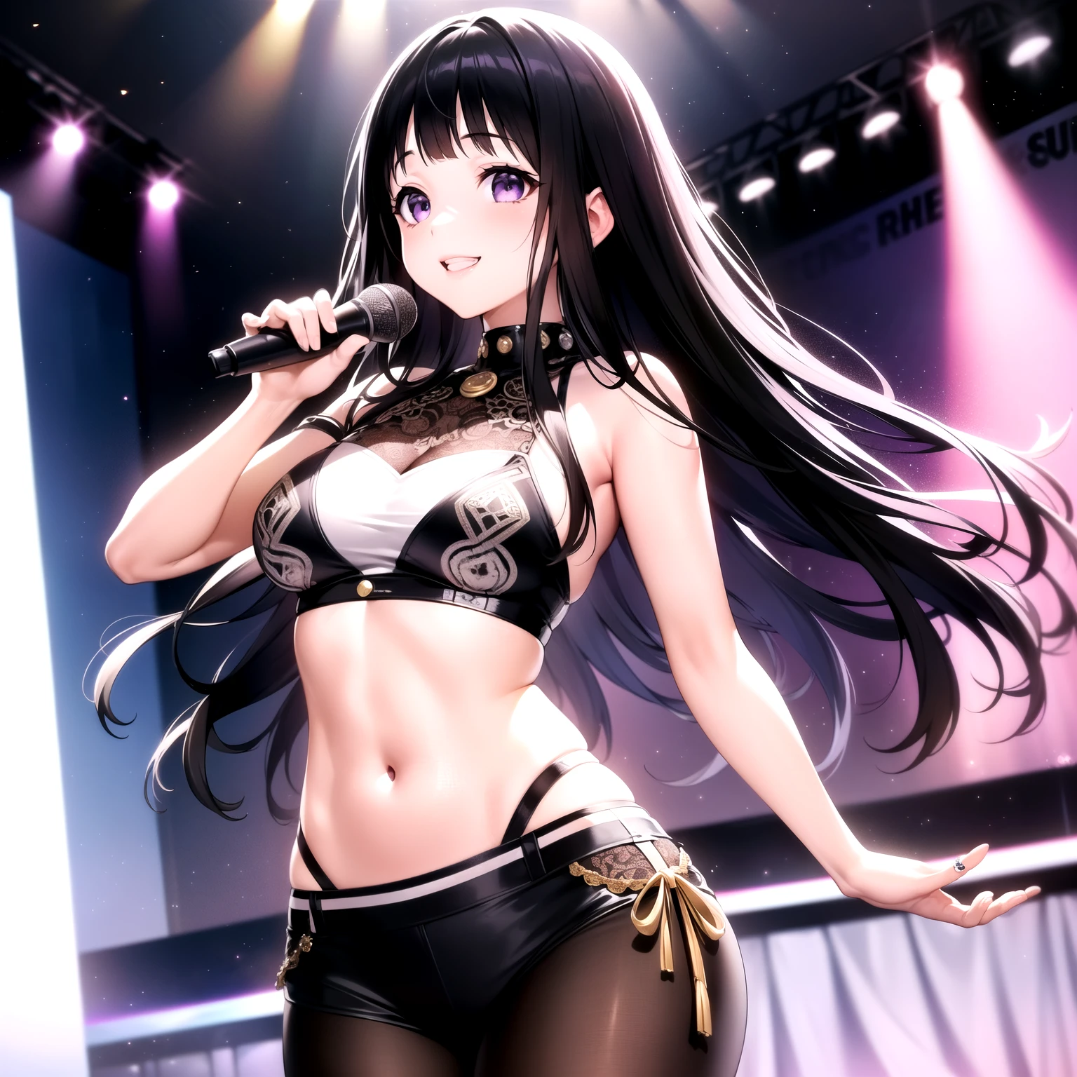 (A superb exquisite Chitanda Eru), (mature face), intricate details, (finely detailed beautiful eyes: 1.2), purple eyes, long black hair, natural straight hair, straight bangs, solo, [Small_breasts: large_breasts: 0.5], extremely delicate, peerless beautiful girl, dreamy quality, solid color, bright lips, slender waist, straight curves, soft lights and shadows, super fine, 8K HD, (masterpiece:1.4), (((sexy smile, singing, punk clothes, idol, rock, show dance)))