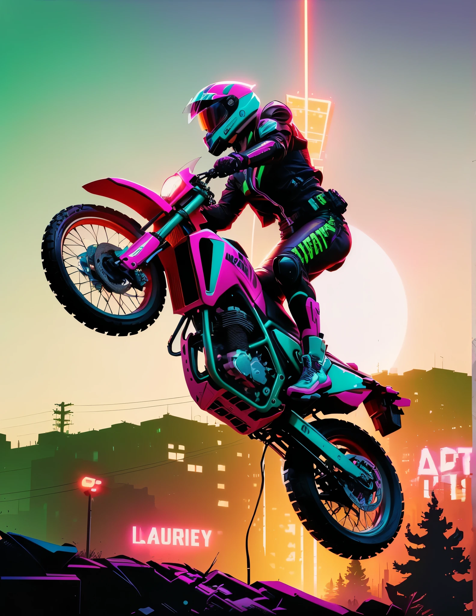 brightly lit motorcycle rider in mid air over a city at sunset, jen bartel, in style of digital illustration, epic retrowave art, masterpiece epic retrowave art, retrowave art, synthwave art, laurie greasley, synthwave art style ]!!, retrowave epic art, synthwave art style, in style of laurie greasley, vectorial art