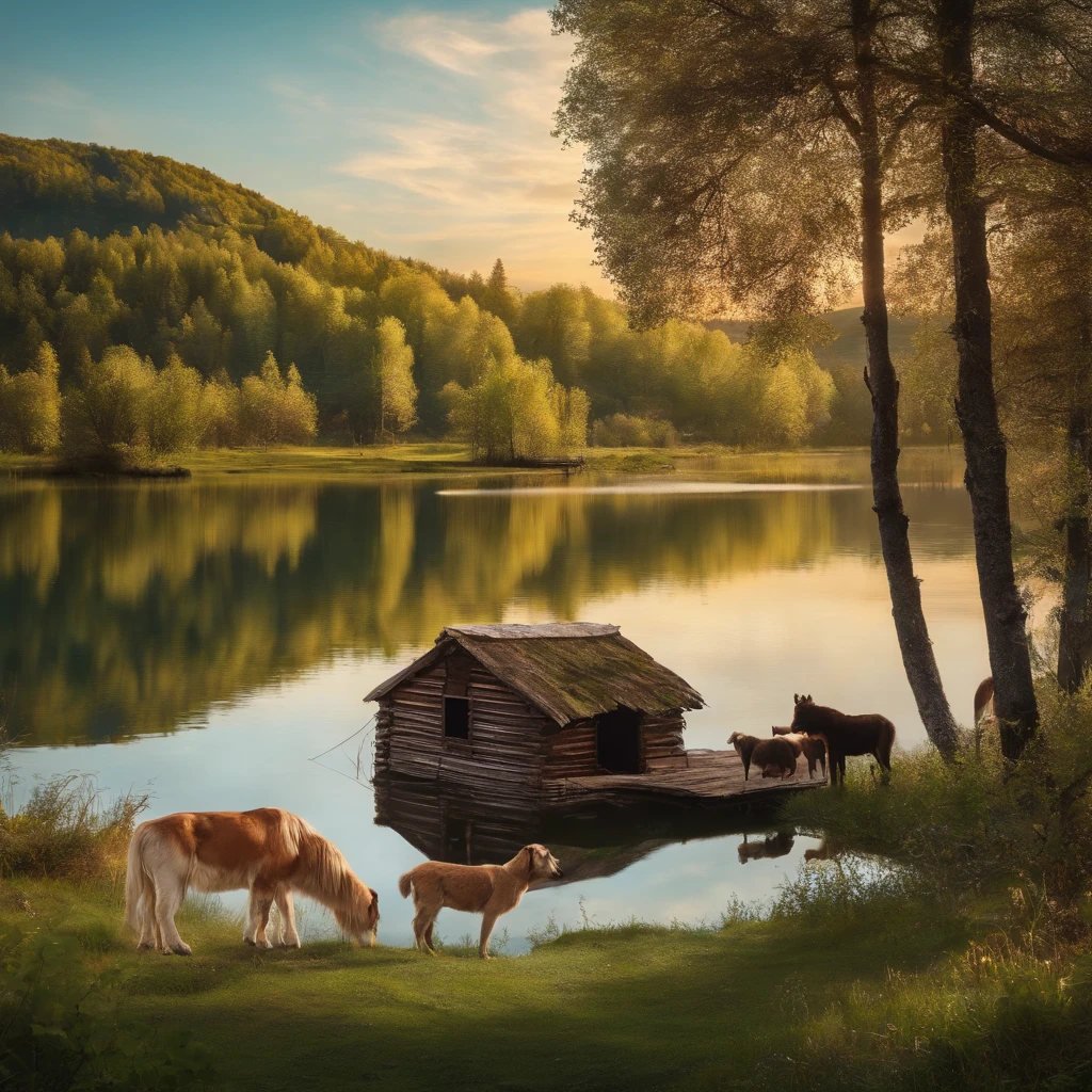 Lake landscape with an abandoned old cabin and various domestic animals , Lake with crystal clear waters. Realistic image.