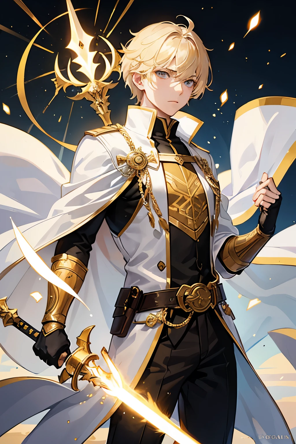 God of light, boy, male, handsome, young, teenager, golden hair, short hair, fully clothed, power, assassin, white clothes, assassin clothes, cape, best quality, status, golden eyes, ring of light behind back, weapons, holding sword, light effects, masculine, confident, emotionless
