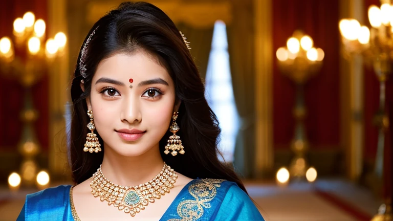 nepali 17 year old girl in an indian royal palace wearing golds jewelleries and blue saree standing with pride make her face wider and smaller eyes with wide nose and perfect lips