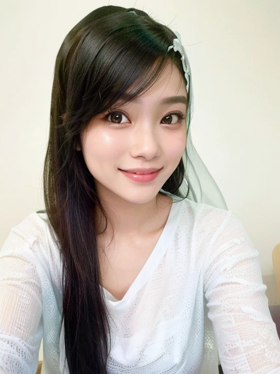 there is a woman in hijab sitting at the table with a plate of food, wearing a transparent t-shirt, with an accurate face, image, cindy avelino, with a kind face, portrait, fried smile, slightly sweet smile, with long hair, front profile!!!! , with her beautiful smile, short hair, photo, selfie photo, sweet smile, girl in hijab, original ungine