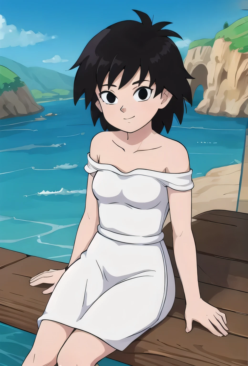 an anime woman sitting on top of a stone bench with her hair up, anime screencap, masterpiece, best quality, highres, outdoors, small breasts, gine, spiky black hair, 1 girl, Solo, Black eyes, cowboy shot, Bare Neck, Bare Arms, Bare Shoulders, short sleeve, Strapless, smile, White Ruffle Off-the-Shoulder Top, White Off-the-shoulder Dress, White maxi dress, outdoors, lake, blue skies, clouds,