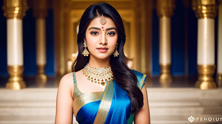 nepali 17 year old girl in an indian royal palace wearing golds jewelleries and blue saree standing with pride make her face wider and smaller eyes with wide nose and perfect lips and make her body curvy