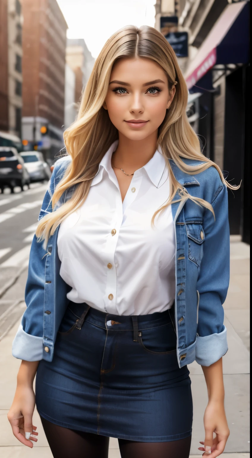Foto hiperrealista en primer plano de Emily Sears, masterpiece, best quality, (photorealistic:1.4), (blue jeans jacket over white blouse:1.1), (blue jeans midi midi skirt:1.2), (black delicate pantyhose:1.2) heels, in the New York street, sunny day,, cinematic light, beautiful woman, skinny, large big breasts, straight blond hair, detailed face, smile, facing the camera, photo taken from a distance, age of 20 years old, (black detights:1.2)