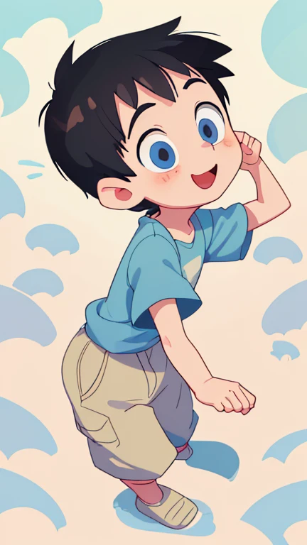 Illustrate a young boy named Ryan. He should have a curious expression on his face, with wide eyes and a slight smile, portraying his sense of wonder and excitement