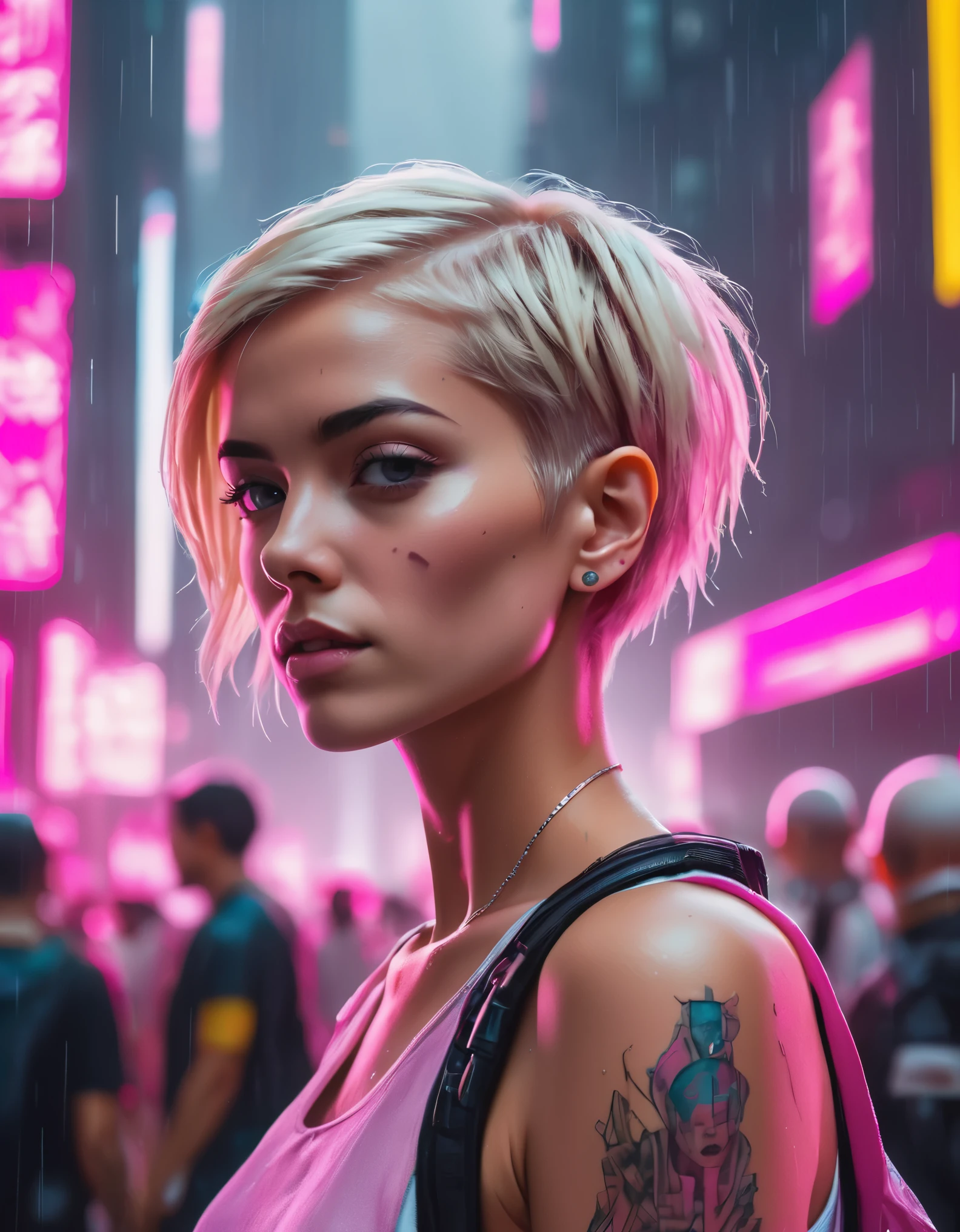 Woman in busy cyberpunk city, in a crowd of people, neon-lit, futuristic summer clothing, fashionable, raining, hyper detailed, tall corporate buildings, key colours are pink and white, portrait, looking over shoulder, short blonde pixie-cut hair, tattoos