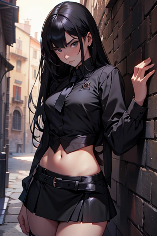 Fantasy dungeons scenario an Italian girl with very long black hair, thin, girl, the girl is wearing a blouse and a miniskirt with lapels, the girl is a prisoner