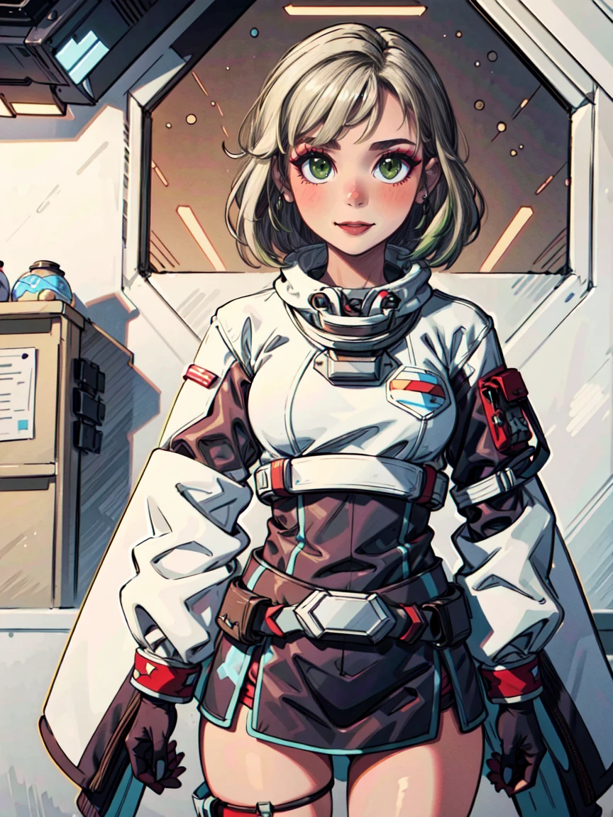 Obra-prima em ((8k)) resolution, with style inspired by futuristic science fiction. | Alice, ((completo_corpo)) an intrepid 22-year-old Viking warrior, usa uma fantasia vermelha com chiquinhas verdes no cabelo. Her determined look reflects courage as she faces the unknown on the Space Station. The bold combination of Viking and futuristic elements creates a unique and captivating image. | in a high tech scenario, Alice navigates the Space Station, cercado por hologramas, terminals and metallic structures. The bright light from the control panels highlights your outfit, highlighting its striking presence in the space environment. | The composition focuses on Alice, with a dynamic angle, highlighting your confident stance amidst this futuristic scenario.altamente detalhado, Mais detalhes.
