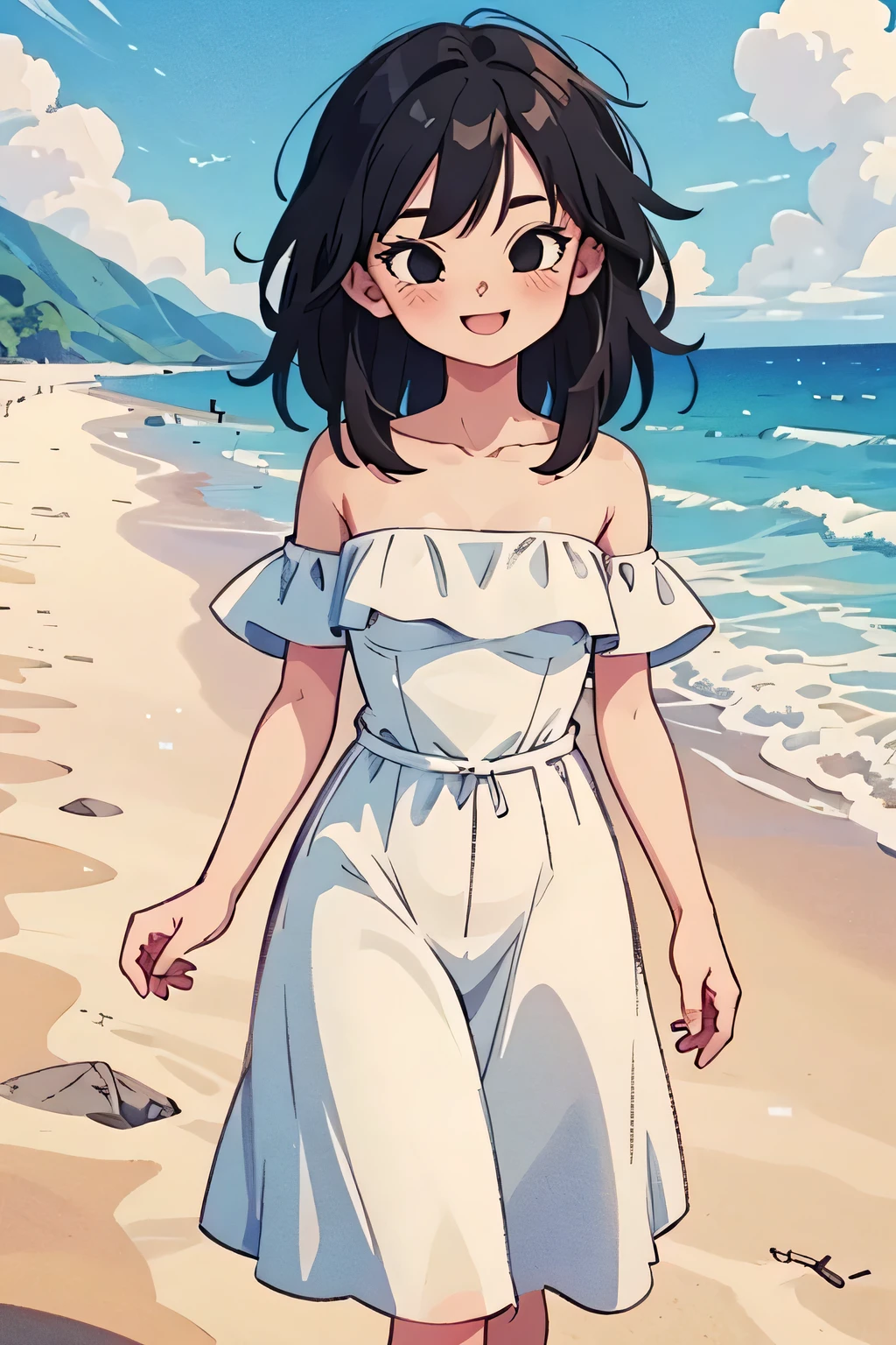 anime screencap, masterpiece, best quality, highres, outdoors, small breasts, gine, spiky black hair, 1 girl, Solo, Black Eyes, Good hands are down, Smile, Blushing, Bare Neck, Bare Shoulders, strapless, White Ruffle Off-the-Shoulder maxi dress. Cowboy shot. A landscape of the beach, sea, blue skies, sand beach. In the center. Walking on the beach with bare feets. Far from the bottom, looking at viewers