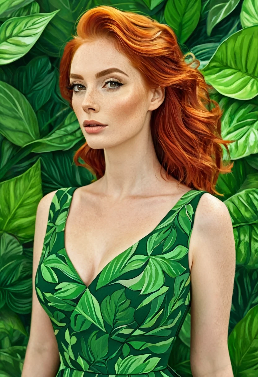 A beautifully drawn illustration of a woman with red hair, wearing a green dress, and surrounded by green leaves. The woman has a prominent neckline, and her hair is styled in a way that complements her outfit. The image captures the woman's elegance and charm, making it an attractive work of art.