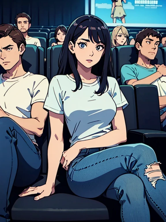 masterpiece, regular woman in jeans and t-shirt, in cinema, with friends