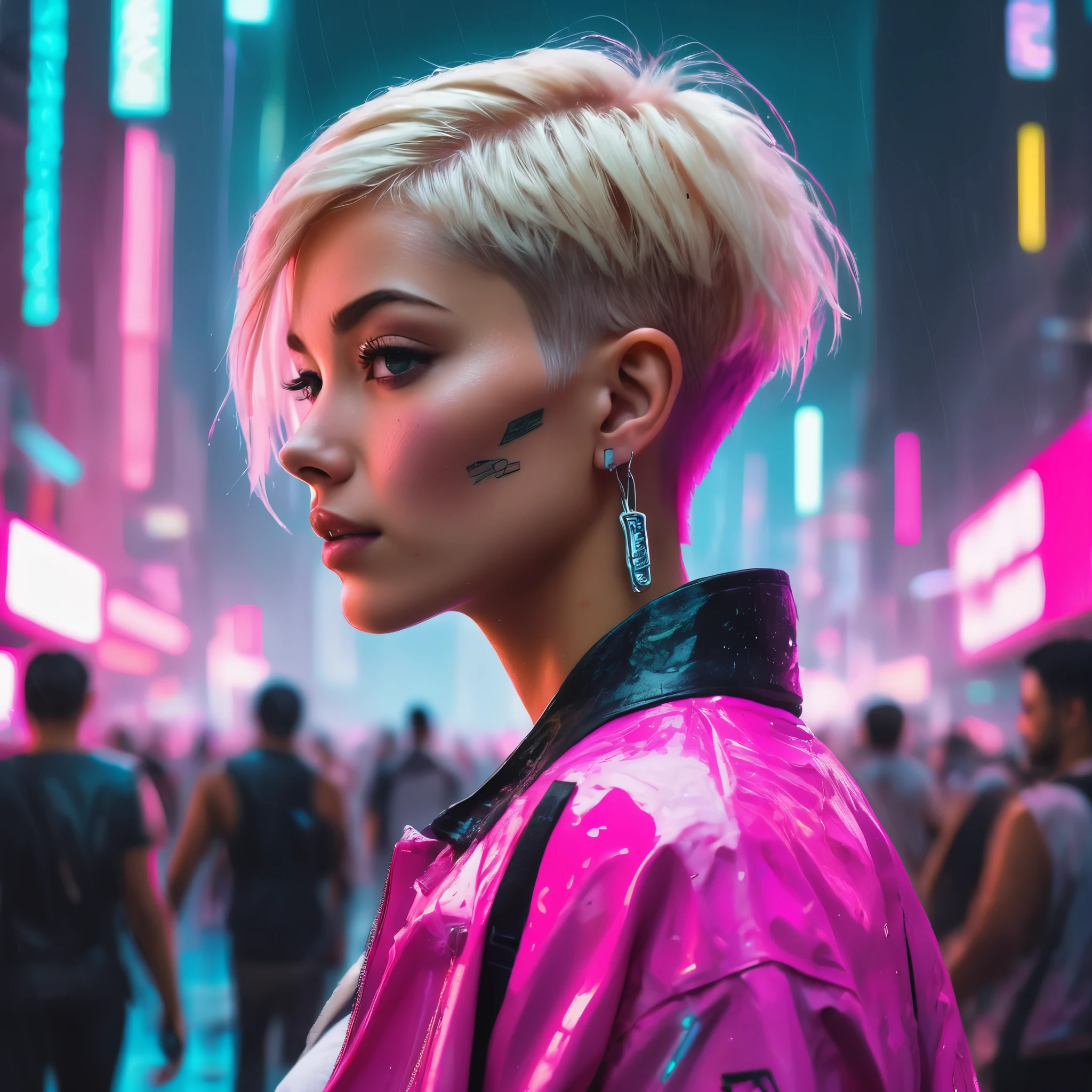 Woman in busy cyberpunk city, in a crowd of people, neon-lit, futuristic summer clothing, fashionable, raining, hyper detailed, tall corporate buildings, key colours are pink and white, portrait, looking over shoulder, short blonde pixie-cut hair, tattoos