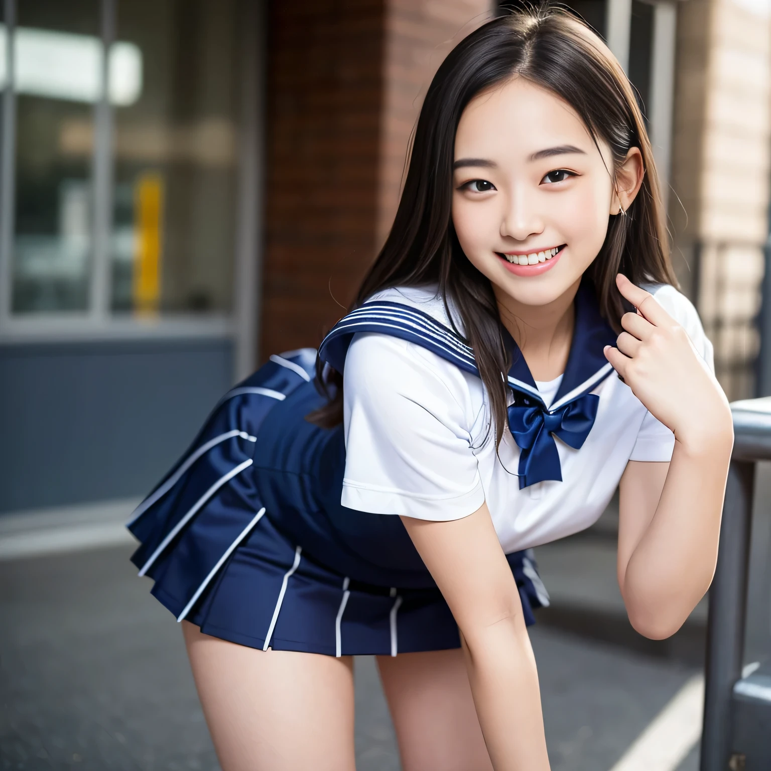 (masterpiece, highest quality:1.2), 8k, Young and beautiful girl,Official AR RAW Photos, ()、Big tits in clothes、Clothing that emphasizes the shape of your chest、Show me your ears、photo shoot, Cute face, Thighs, After school classes, Looking at the audience、(Lure)、(smile:1.7)、(Round face:1.6)、, Film Grain, chromatic aberration, Sharp focus, Face Light, Bright lighting, 10 generations, Detailed face, Background blur、(18 year old high school girl:1.6)、Narrow waist、Sailor suit、cardigan、Navy blue mini skirt、(Lifting the skirt with one hand'hand of、Showing off her tiny white panties)、Spread your legs