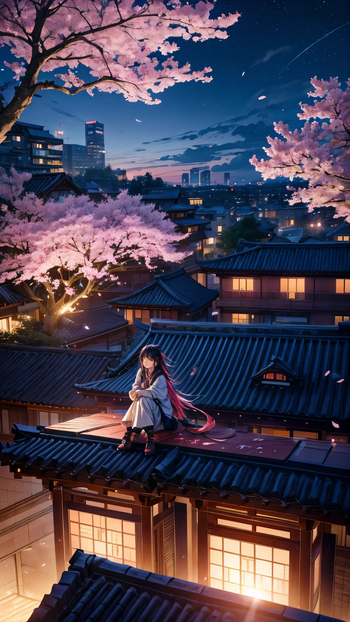 octane, Sky, landscape, night, 1 Girl, Solitary, outdoor, architecture, cloud, sitting, Sakura Tree, Wind, cherry blossoms flying, Long hair, City, Cityscape, sparkle, best quality, 8k, masterpiece, award winning
