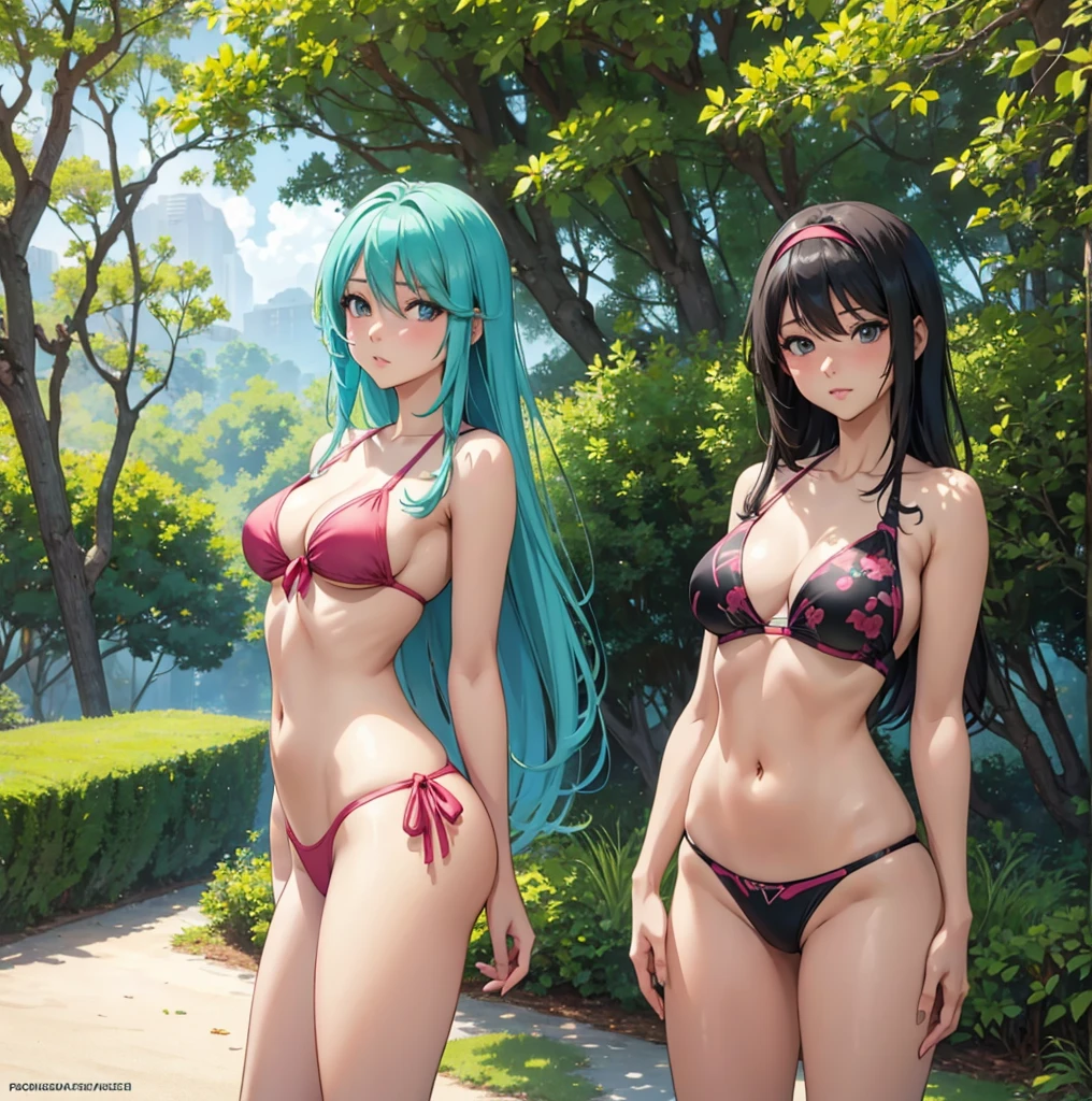 anime girl in a bikini posing in a park with trees, seductive anime girl, smooth anime cg art, realistic bikini, (anime girl), by Jin Homura, attractive anime girl, beautiful anime girl, anime moe artstyle, cute anime girl, beautiful alluring anime teen, pretty anime girl, extremely detailed artgerm, ecchi anime style, 