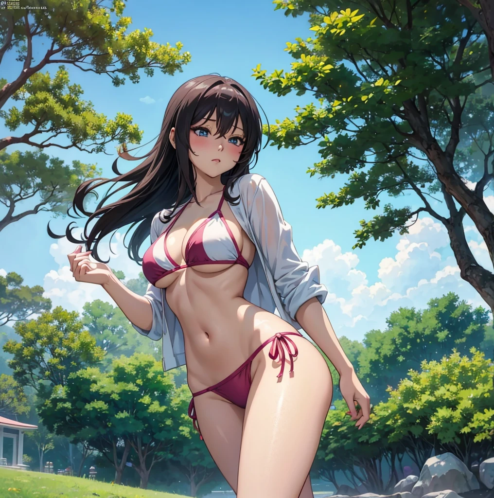 anime girl in a bikini posing in a park with trees, seductive anime girl, smooth anime cg art, realistic bikini, (anime girl), by Jin Homura, attractive anime girl, beautiful anime girl, anime moe artstyle, cute anime girl, beautiful alluring anime teen, pretty anime girl, extremely detailed artgerm, ecchi anime style, 