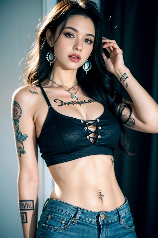 Masterpiece, The best quality, Ultra-high resolution, High detail photo, Unity 8K Wallpaper, Extremely detailed CG:1.2), depth of field, bokeh, (RAW photo:1.Realistic photography:1.4), (1girl:1.5), YOUNG, physically based representation, beautiful, (Finely detailed face:1.4, Detailed clothing), (detailed:1.4) named (eimi fukada:1.1) BREAK Cara hermosa, depth of field, Add layer, hyperrealistic, 20 years old, perfect body model, perfect breasts, 175cm tall, pose sexy, full body, whole body, Model Body Type, BREAK (black bikini shorts:1.3), (long hair:1.2), double eyelid BREAK city, cute smile, (big tattoo on arm:1.5)