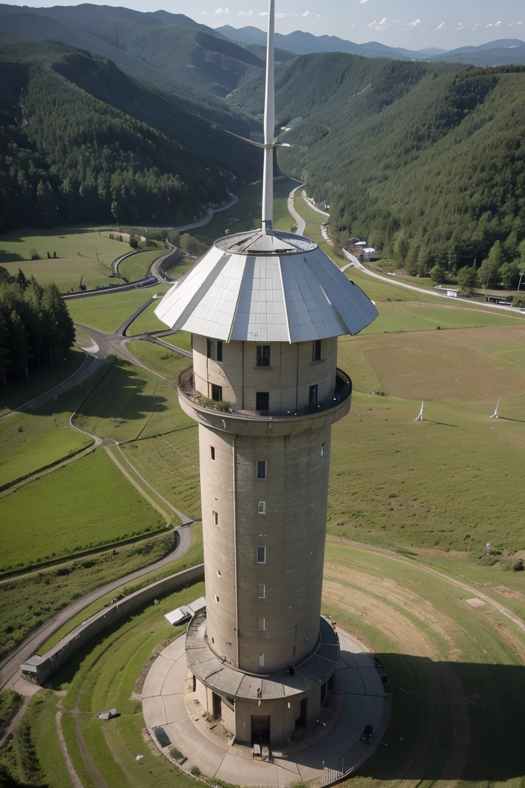 Show me an innovative wind turbine without a tower, only with a rotor and blades without the construction of infrastructure that can be placed in a high area of a mountain.