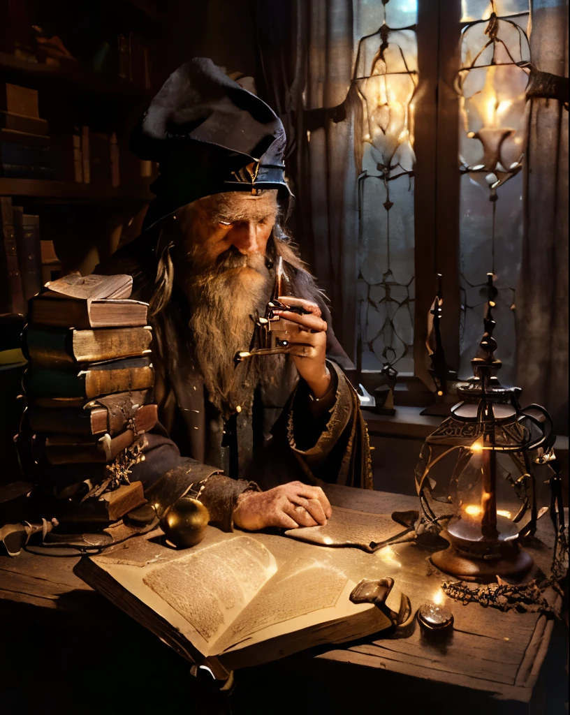 (old wise male wizard,hut,book:1.1,pipe),(sitting in a chair),(medieval dark atmosphere),(candlelight:1.1),(dusty room),(mysterious and magical),(long white beard:1.1),(bright glowing eyes),(ancient spellbook),(wooden chair),(enchanted room),(flickering shadows),(smoke:1.1),(mystical aura),(stacked books),(crimson velvet robe),(aged parchment),(crackling fireplace),(wisdom and knowledge),(mystical symbols),(intricate carvings),(whispering incantations),(silver moonlight),(secret enchantments),(crystal ball),(magical artifacts),(rusty old key),(strands of magic in the air),(sorcerer's hat),(tattered spell scrolls),(time-worn artifacts),(mystic drapes),(tome of ancient spells),(forgotten spells),(cobwebs),(magical sigils),(potions and vials),(carpeted floor),(mystical energy),(mysterious glyphs),(ancient wooden shelves),(mysterious atmosphere)