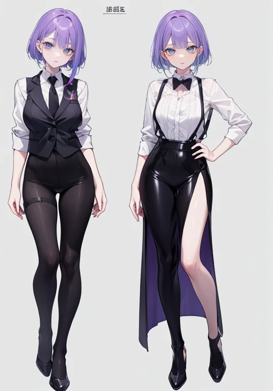 ((Perfect Face)),Purple Hair,Shortcuts,Adult female,bartender,((Harness)),Black vest,((Shirt with rolled up sleeves)),tie,((slit)),,((Simple Background)),smile,((full body)),((Full Body)),Character portrait,((upright)),Both arms are lowered,