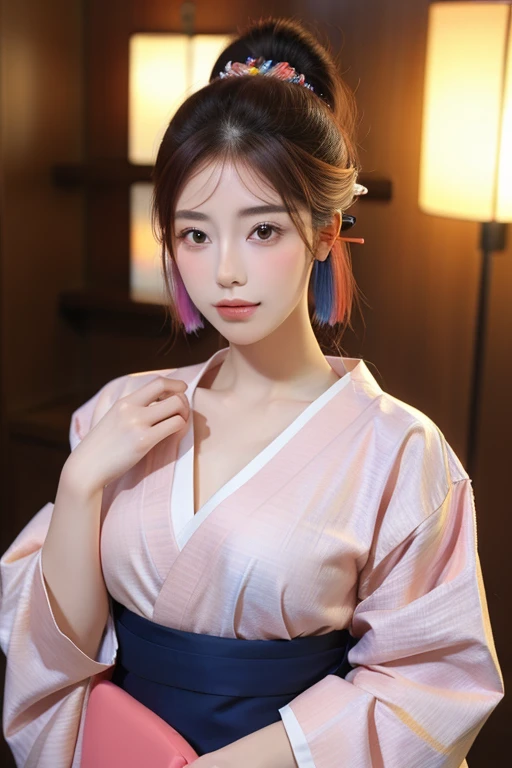 Beautiful Japanese 18 year old woman, silk qipao, photorealistic, masterpiece, tight clothes, large breasts, lipstick, beautiful face, seductive, cute, silk kimono, pink hair