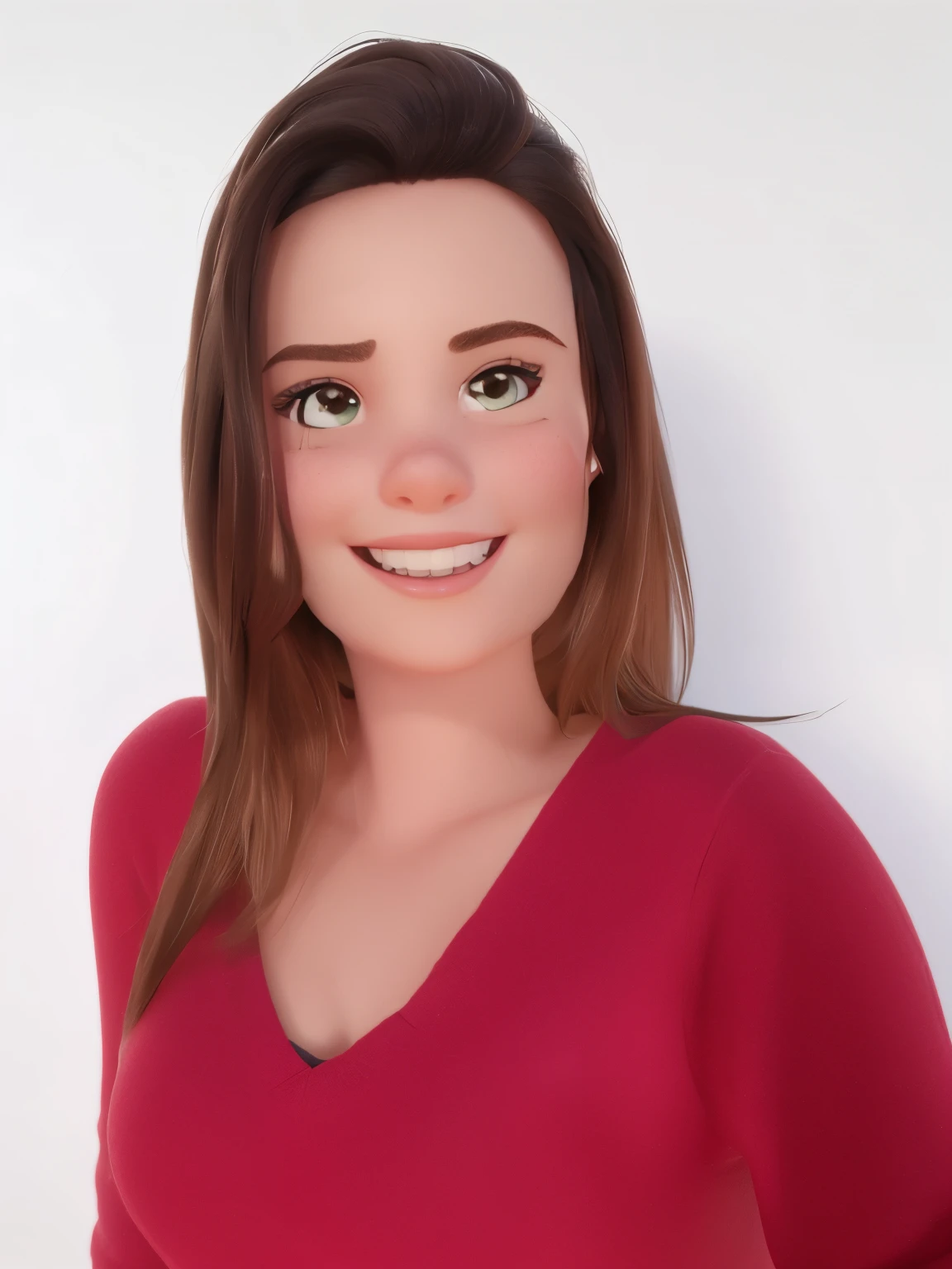 Mulher sorridente com cabelo castanho e olhos castanhos ao estilo Disney Pixar Cartoon, alta qualidade, elevada qualidade 