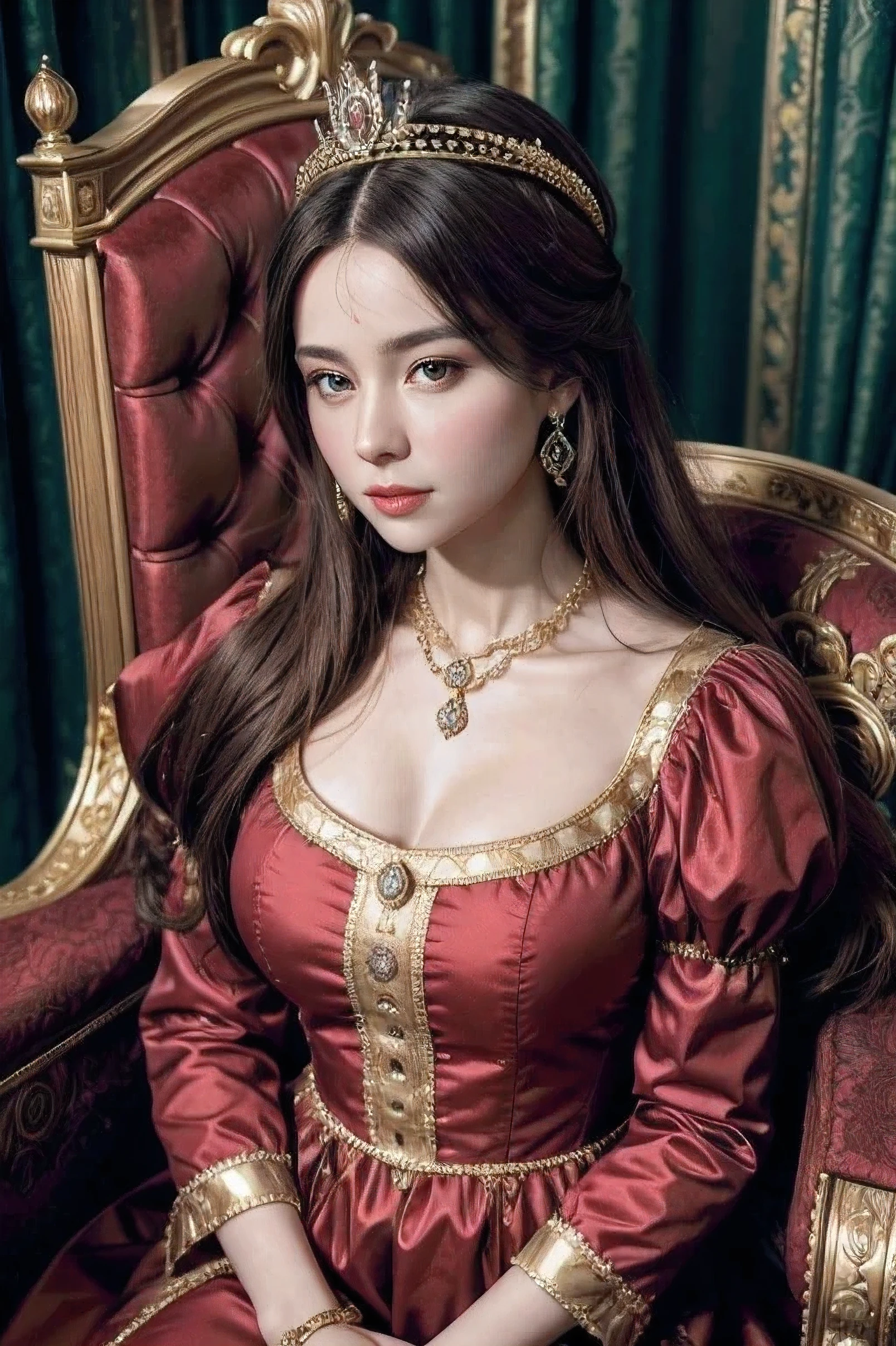 A royal portrait, a beautiful woman dressed in a pretty wine-colored dress, with a lot of jewelry, her crown, having white skin, a Victorian box with gold borders
That it is in the interiors of the royal house, that she is sitting on her throne, that she looks half-length