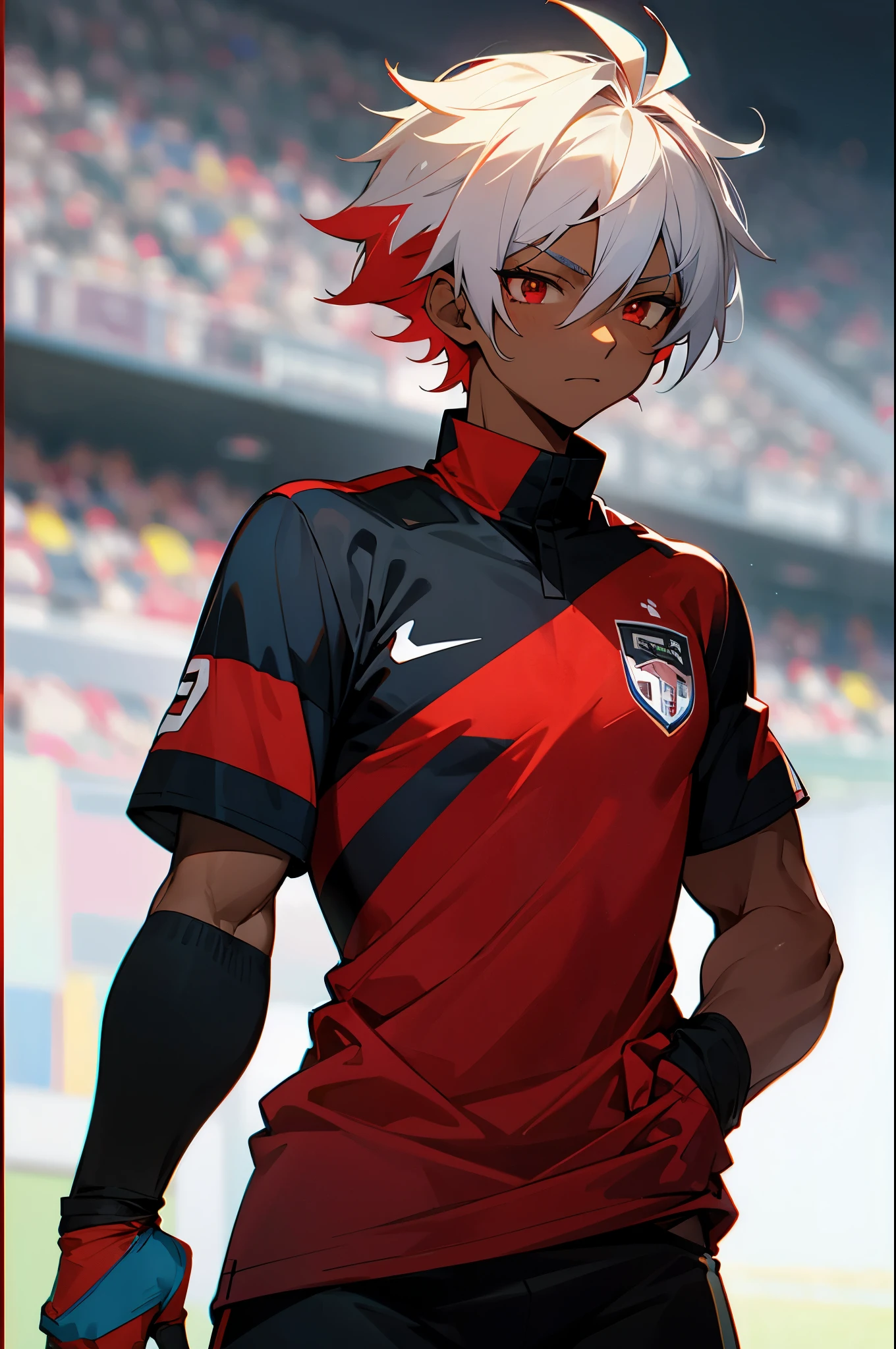 soccer jersey, multi color hair, two toned hair, young male, muscular, soccer field background, arms in pockets, red eyes, black and red jersey, dark skin