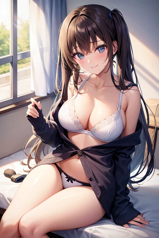a girl in a school the school is closed and its night what she waering is sexy bra and panties she is smileing (long brown hair